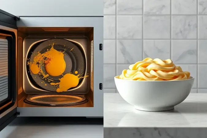 Comparação entre micro-ondas sujo com ovo explodido e tigela com ovo mexido cremoso e perfeito.