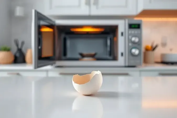 Cena conceitual de cozinha minimalista com micro-ondas entreaberto e casca de ovo sobre superfície limpa, luz âmbar sutil sugerindo aprendizado.
