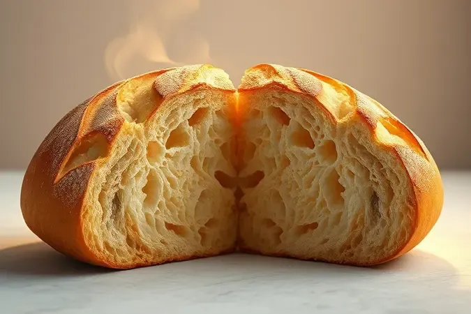 Renderização 3D conceitual comparando pão perfeitamente descongelado e crocante com um pão encharcado, ilustrando erros comuns a evitar.