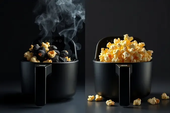 Comparação conceitual entre pipoca queimada e pipoca perfeita na airfryer em renderização 3D.