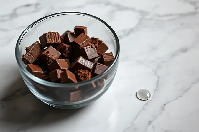 Chocolate endurecido e granulado após contato com umidade em renderização 3D ilustrando erro comum.