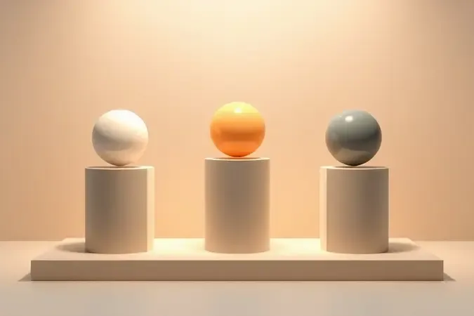Render 3D conceitual de escolha e comparação com formas geométricas minimalistas e esferas luminosas.