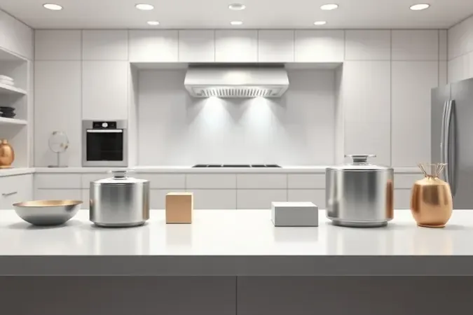 Conceito 3D abstrato de escolha e seleção de equipamentos profissionais para cozinha industrial moderna.