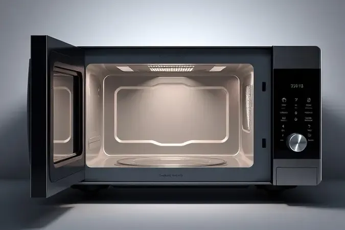 Renderização 3D de micro-ondas com porta aberta evidenciando amplo interior de 33 litros em estúdio sofisticado.