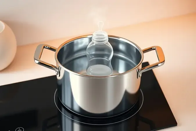Panela de inox com água fervendo e mamadeira submersa, ilustrando o método tradicional de esterilização por fervura.