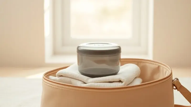 Renderização 3D de esterilizador portátil compacto dentro de bolsa de viagem com design leve e atmosfera acolhedora.
