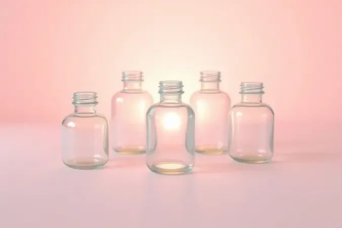 Pequenos frascos de vidro para leite materno em composição minimalista com tons pastel rosados e iluminação difusa e suave.