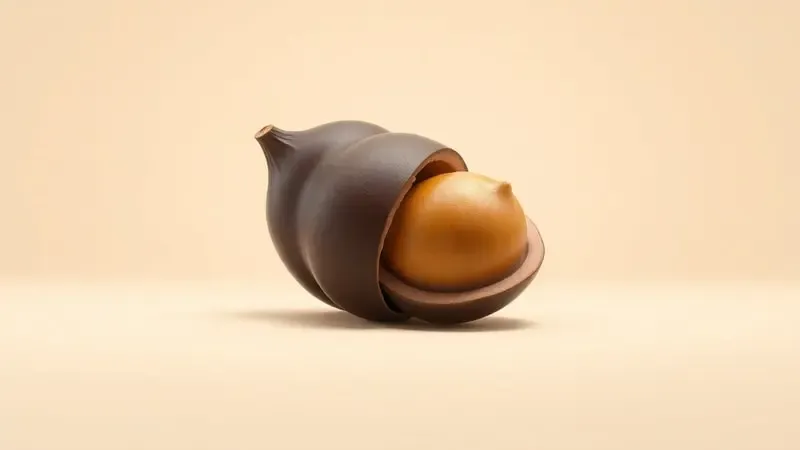 Render 3D do corte transversal de uma castanha revelando as camadas da casca externa, pele interna e miolo dourado.