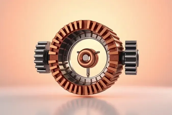 Renderização 3D de componente magnetron desmontado revelando estrutura interna com anodos de cobre e filamento central.