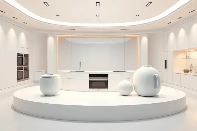 Renderização 3D de estúdio de design de eletrodomésticos moderno com formas abstratas elegantes e iluminação suave difusa.