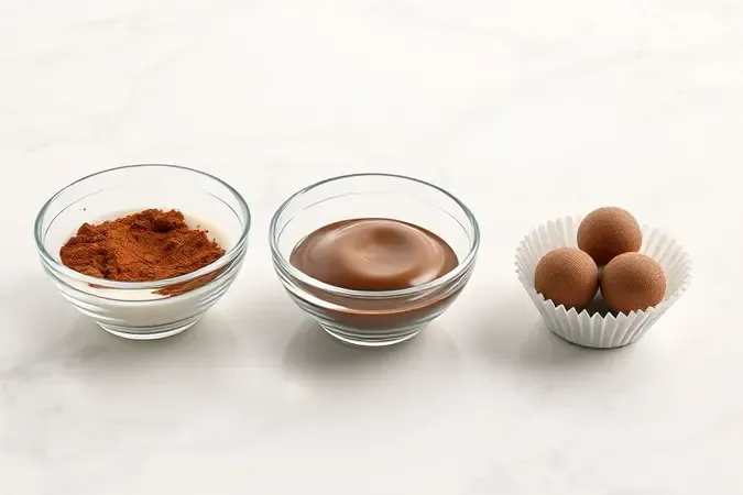Visualização 3D das etapas do brigadeiro de micro-ondas: mistura inicial, brigadeiro cozido e docinhos enrolados em forminhas.