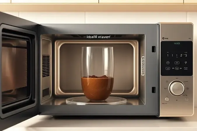 Ilustração 3D de tigela com brigadeiro no micro-ondas mostrando nível ideal para evitar transbordamento.