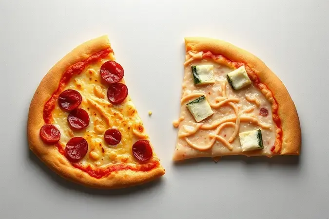 Contraste conceitual entre pizza crocante dourada e pizza pálida e mole, ilustrando erros comuns no preparo em micro-ondas.