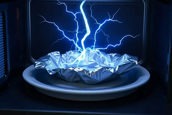 Renderização 3D de faíscas elétricas azuis saindo de papel alumínio dentro de micro-ondas ilustrando o fenômeno de arco elétrico.