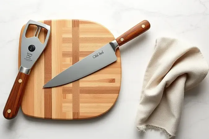 Ferramentas essenciais de cozinha como descascador, faca chef e tábua de madeira em composição elegante para descascar abóbora.