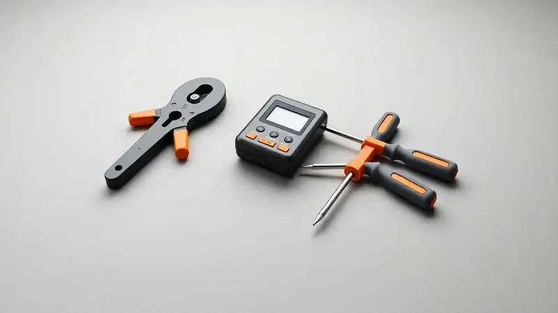 Ferramentas essenciais para instalação elétrica dispostas em composição minimalista 3D conceitual.