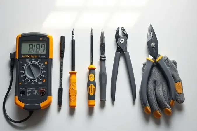 Ferramentas essenciais para reparo de micro-ondas organizadas artisticamente em render 3D conceitual.