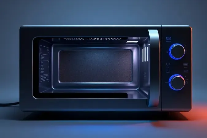 Render 3D conceitual técnico de micro-ondas moderno com destaques visuais estilizados