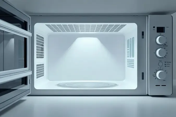 Visualização conceitual de ficha técnica e especificações de micro-ondas moderno