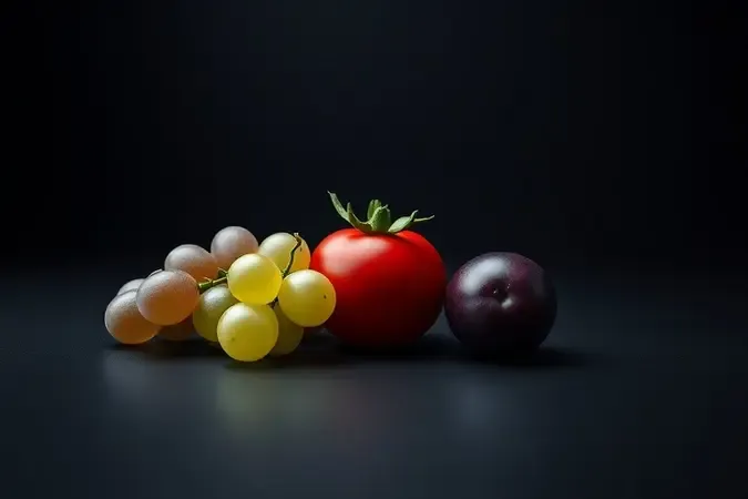 Composição 3D de uva, tomate-cereja e ameixa com arcos de energia representando reação perigosa no micro-ondas.