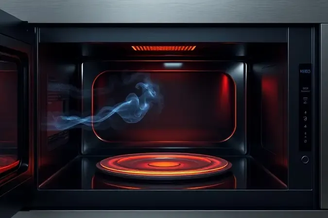 Render 3D conceitual ilustrando tecnologias de remoção de odor e grill em micro-ondas moderno com vapor e elemento térmico.