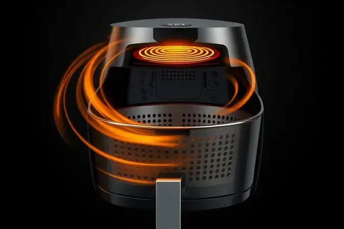 Corte conceitual de air fryer mostrando circulação de ar quente e resistência em funcionamento.