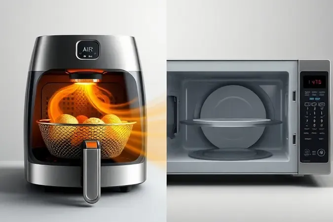 Ilustração conceitual mostrando o funcionamento interno de uma airfryer e de um micro-ondas lado a lado