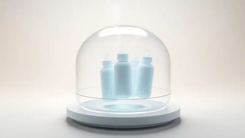 Visualização conceitual 3D do processo de esterilização a vapor em micro-ondas com partículas de vapor e mamadeiras.