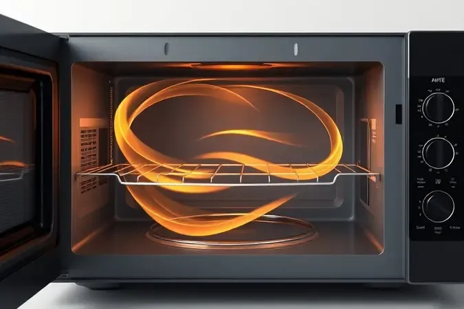 Ilustração conceitual 3D do fluxo de ar quente circulando no interior de um micro-ondas com tecnologia air fryer.