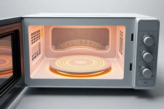 Renderização 3D conceitual do funcionamento interno de micro-ondas com tecnologia flatbed sem prato giratório