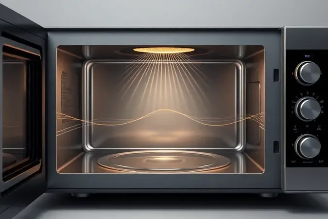 Ilustração 3D mostrando o funcionamento interno de um micro-ondas com ondas eletromagnéticas interagindo com superfície metálica.