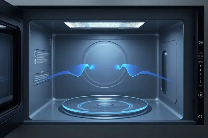 Visualização conceitual do interior de um micro-ondas com ondas eletromagnéticas em tom azulado e prato giratório.