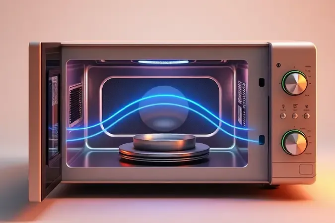 Visualização 3D educativa do funcionamento interno de um micro-ondas com ondas eletromagnéticas estilizadas.