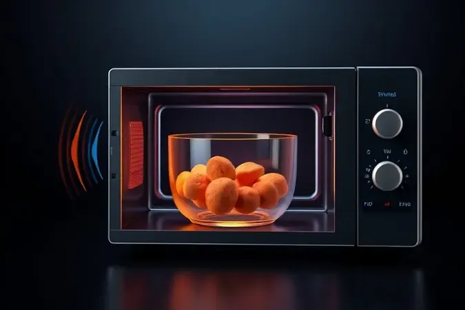Ilustração conceitual do funcionamento das ondas eletromagnéticas do micro-ondas interagindo com diferentes materiais