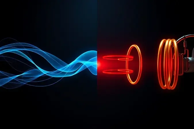 Ilustração conceitual 3D contrastando ondas eletromagnéticas azuis do micro-ondas com resistências elétricas alaranjadas do forno.