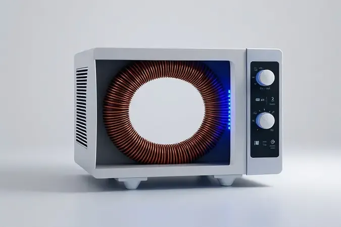 Renderização 3D conceitual mostrando estrutura interna de transformador de microondas com enrolamentos de cobre
