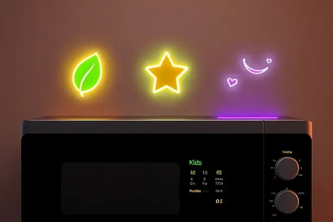 Ícones abstratos flutuantes representando funções especiais de micro-ondas como Fit, Kids e Tira Odor