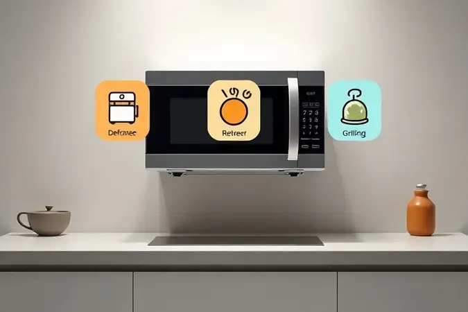 Visualização conceitual das funções essenciais de um micro-ondas como descongelar, aquecer e grelhar