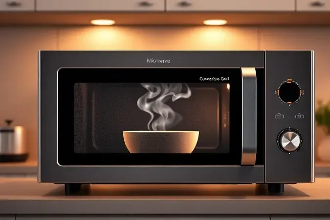 Painel digital de micro-ondas inox com ícones abstratos de funções como grill e convecção
