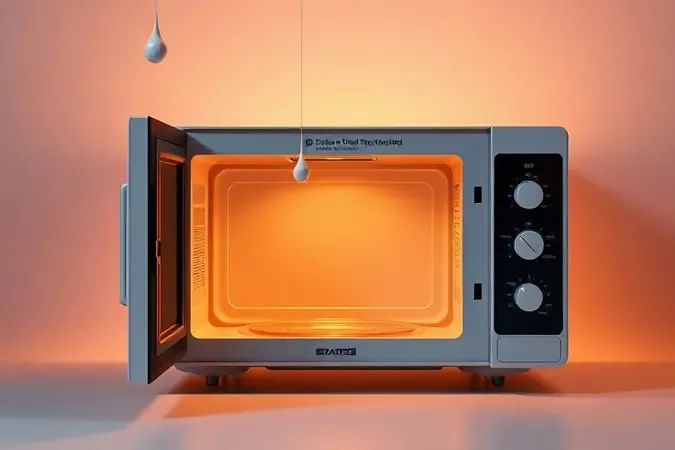 Micro-ondas conceitual 3D com porta aberta e elementos visuais abstratos representando funções inteligentes e versatilidade na cozinha.