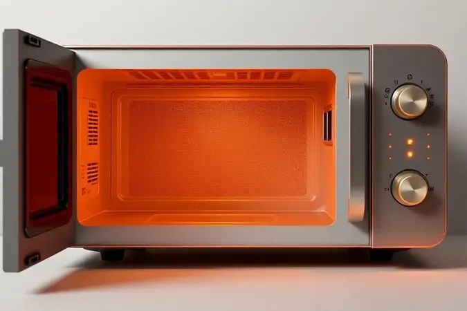 Renderização 3D conceitual de micro-ondas com ícones abstratos representando funções grill, crisp e menus.