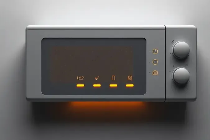 Render 3D conceitual de painel de controle minimalista de micro-ondas com ícones abstratos e iluminação suave