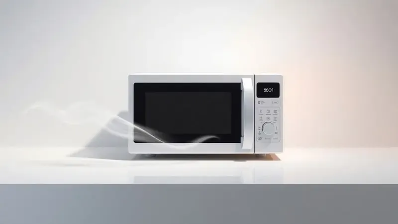 Render 3D conceitual de funções de micro-ondas como tira-odor, limpeza fácil e aquecimento com elementos visuais sutis.