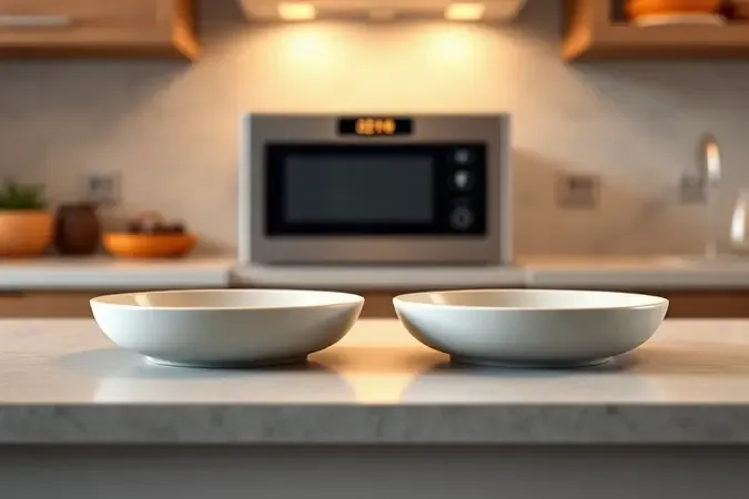 Render 3D conceitual de duas porções em pratos de cerâmica lado a lado representando praticidade no aquecimento diário