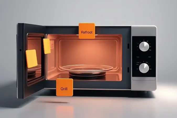 Renderização 3D conceitual de micro-ondas moderno com porta entreaberta representando funções e recursos de cozimento.