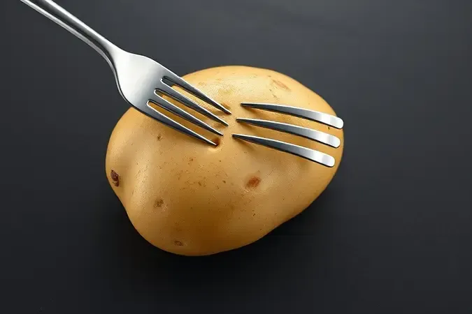 Batata crua sendo furada com garfo de aço inoxidável sobre superfície de ardósia, passo essencial de segurança antes do micro-ondas.