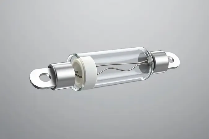 Renderização 3D conceitual de um fusível de micro-ondas em corte transversal mostrando seu filamento interno e estrutura.