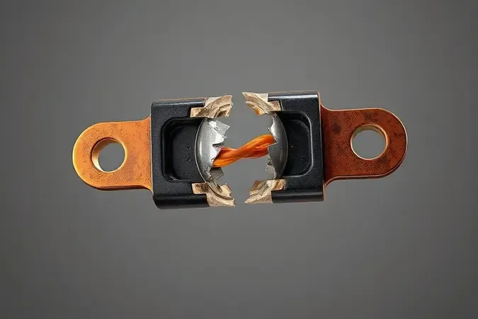 Fusível de micro-ondas queimado com filamento rompido em renderização 3D ilustrando falha por sobrecarga elétrica.