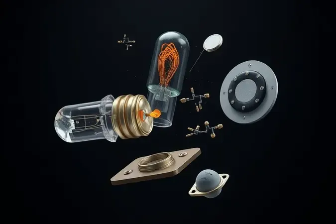 Render 3D conceitual de fusível queimado e varistor danificado em vista explodida sobre fundo escuro.