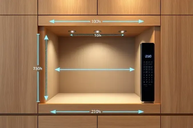 Renderização 3D de nicho vazio para instalação de micro-ondas com indicadores de medição e setas de fluxo de ar para ventilação correta.